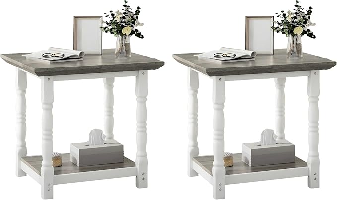 DWVO Farmhouse Square Coffee Table Set of 2, Antique Accent Side Table with Floor Shelf, 23.6"x 23.6" Living Room Furniture, Vintage Ivory & White