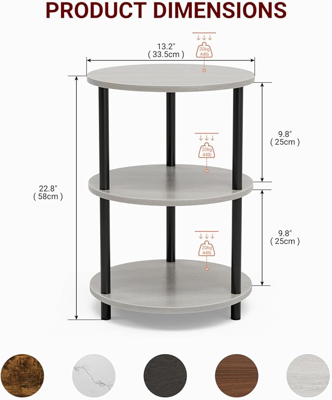 Small Round End Table - 3 Tier Design Accent Table, Narrow Side or Bedside Stand, Industrial Vintage Nightstand for Bedroom, Living Room, or Small Spaces, Set of 2, Greige