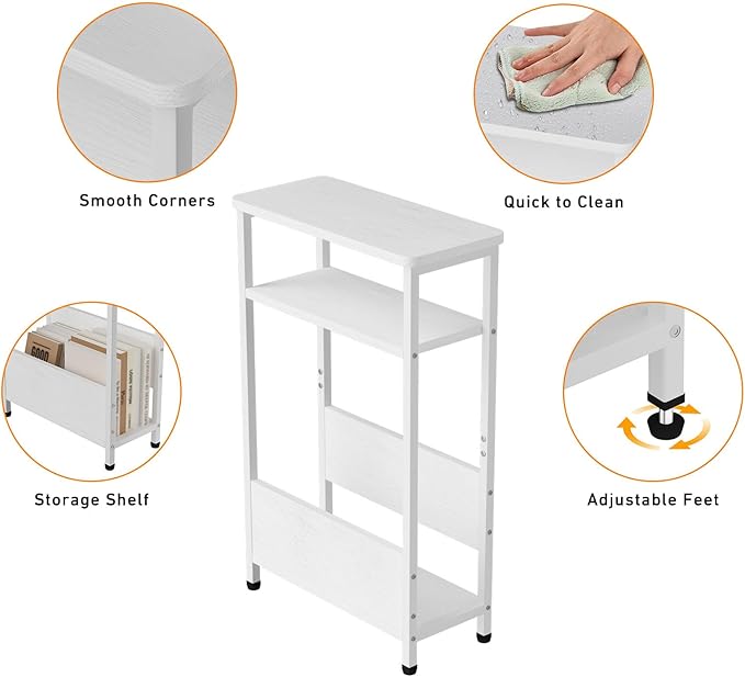 7.1" Narrow Side Table for Small Spaces, 3 Tier Small End Table with Magazine Holder, Slim/Skinny Nightstand/Bedside Table for Living Room, Bedroom, 15.4" L x 24.2" H, White