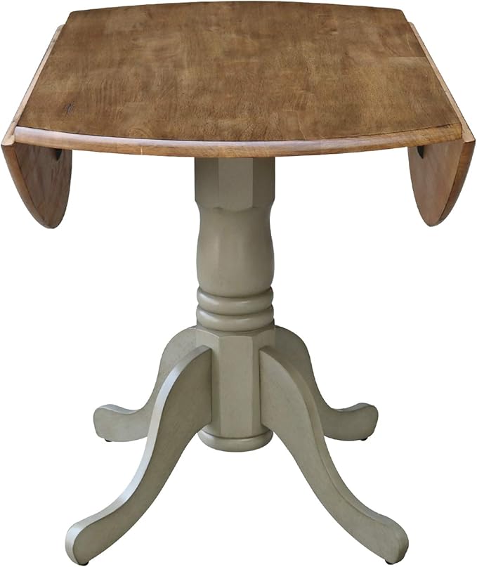 IC International Concepts, 42" Round Dual Drop Leaf Pedestal Dining Table, Solid Real Wood, Sturdy Parawood, Distressed Hickory/Stone