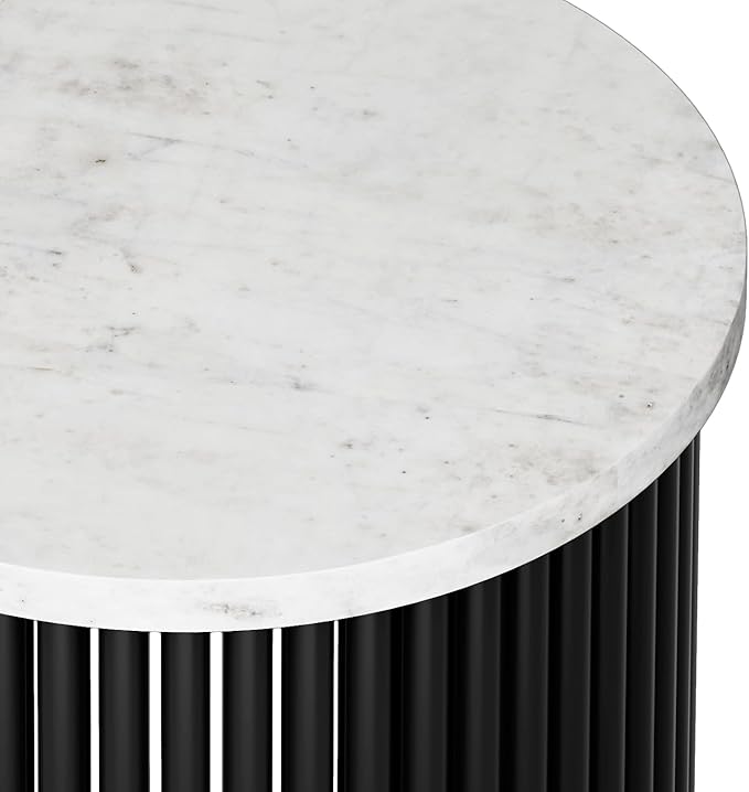 SIMPLIHOME Demy 18-inch Wide Metal Accent Table in White Marble/Black Metal, Round Side Table for Living Room, Bedroom, or Office, Industrial Style, Assembled