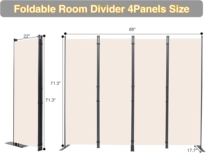 Room Divider, 4 Panel Folding Privacy Screens with Wider Support Feet, 6 Ft Portable Room Partition for Room Separator, 88" W X 71" H, Beige