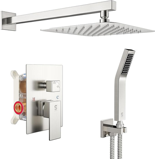 SR SUN RISE Shower Faucet Set Bathroom Square Rain Shower Head with Handheld Spray Wall Mounted Rainfall Shower Fixtures Brushed Nickel Shower Faucet Trim Repair Kits (Contain Shower Valve)10 Inches