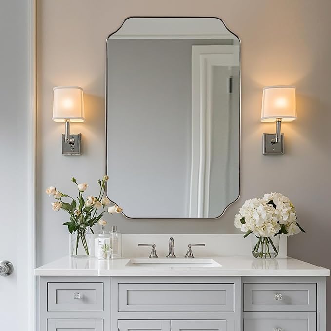 ANDY STAR 26x38 Inch Mirror for Bathroom, Brushed Nickel Scalloped Rectangle Mirror, Silver Bathroom Vanity Mirror in Rust-Proof Stainless Steel 1" Frame, Modern Scalloped Edge Design