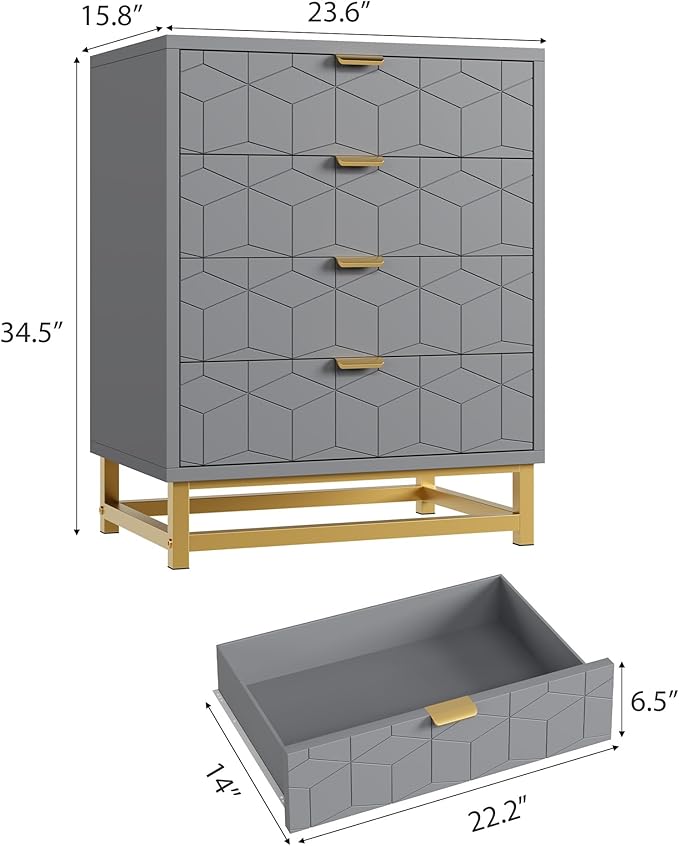 Grey Dresser, 4 Drawer Dresser for Bedroom, Modern Dressers with Gold Metal Handles for Living Room, Hallway, Entryway