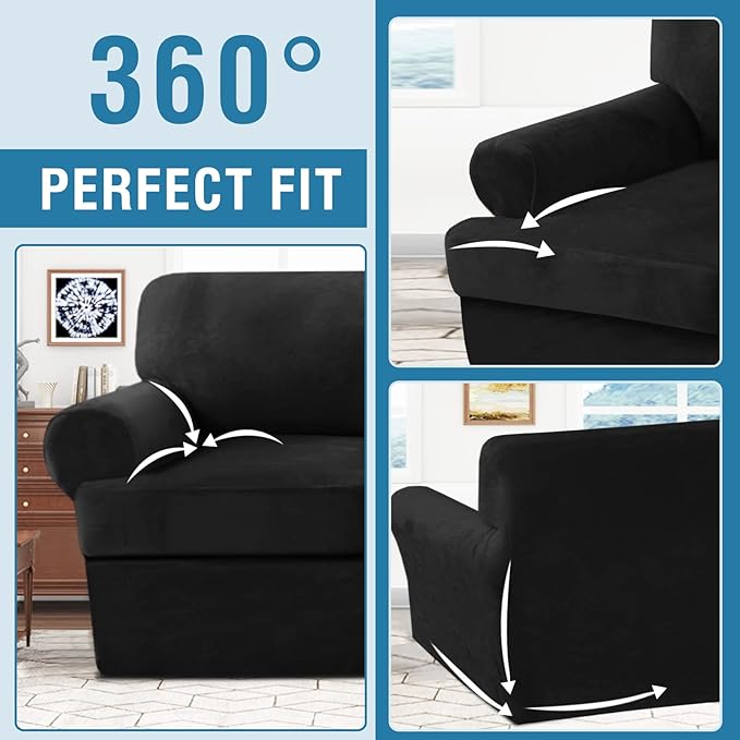 H.VERSAILTEX Sofa Cover 2 Piece T Cushion Armchair Slipcovers Thick Velvet Couch Cover Furniture Protector Stretch T Cushion Sofa Covers for 1 Cushion Couch with 1 Individual T Cushion Covers, Black