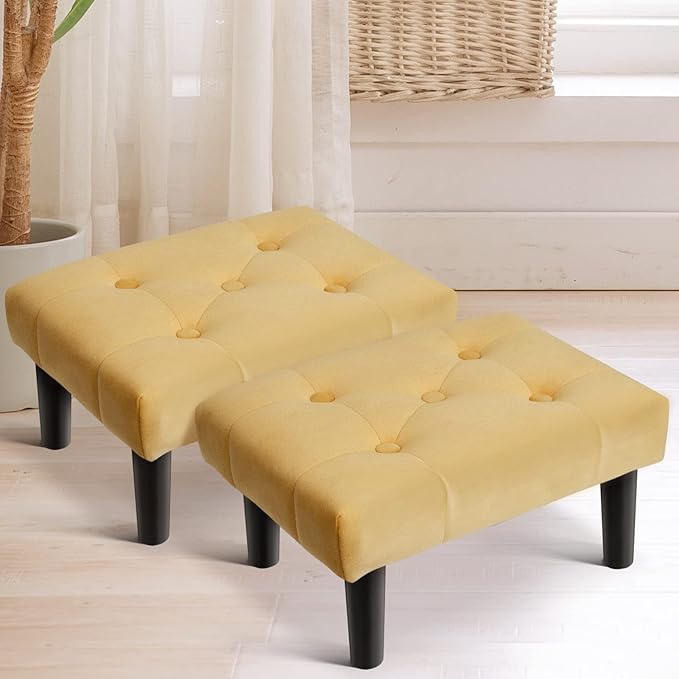 HOUCHICS Small Footstool Ottoman, Velvet Wooden Foot Stool Ottoman with Wood Legs, Sofa Footrest Extra Seating for Living Room Entryway Office(Yellow 2PACK)