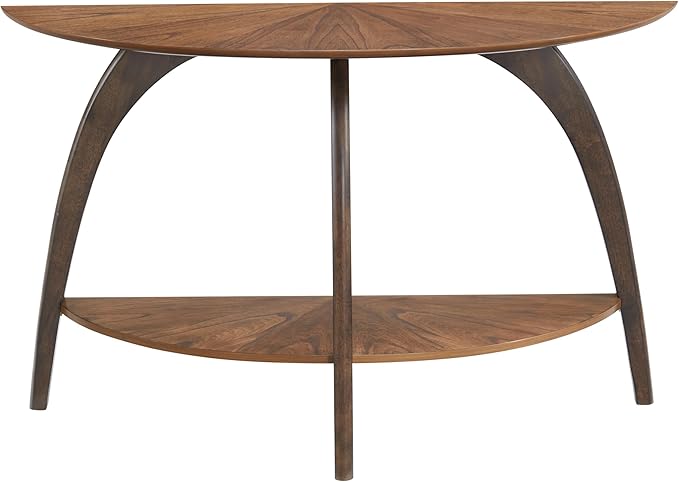 Martin Svensson Home LAX Two-Tone 48-Inch Caramel Brown Half-Moon Wood Sofa Console Table with Walnut Legs and Shelf Storage