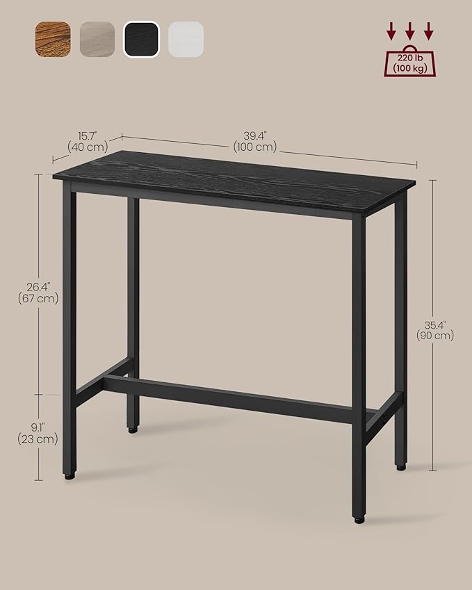 VASAGLE Bar Table, Narrow Long Kitchen Dining Table, Sturdy Metal Frame, Industrial, 15.7 x 39.4 x 35.4 Inches, Ebony Black and Ink Black ULBT010B56