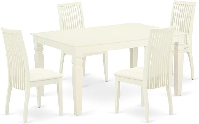 East West Furniture WEIP5-WHI-C 5 Piece Dining Room Table Set Includes a Rectangle Kitchen Table with Butterfly Leaf and 4 Linen Fabric Upholstered Dining Chairs, 42x60 Inch, Linen White