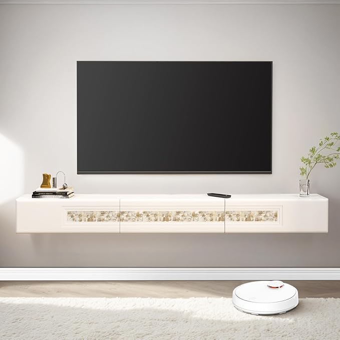 Pmnianhua Floating TV Stand with Mosaic Decor,Wall Mounted TV Console,Floating Entertainment Shelf with Door and Drawers for Bedroom Living Room(White)