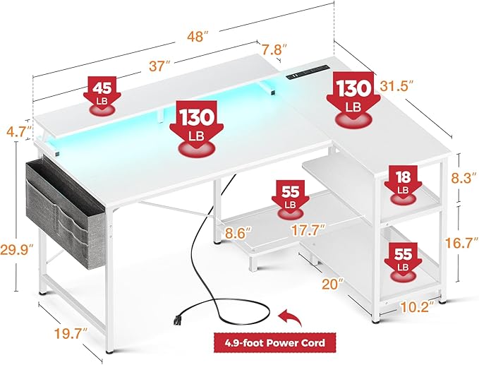 ODK 48 Inch Gaming Desk with USB Charging Ports and LED Lights, Reversible L Shaped Computer Desk with Storage Shelves & Monitor Stand, Corner Home Office Desk Table with Power Outlets, White