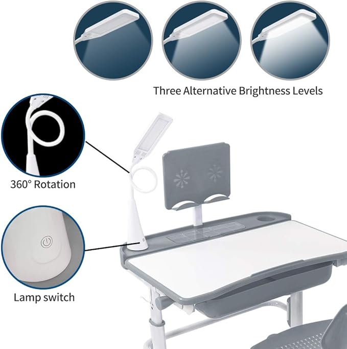 Kids Desk and Chair Set, Height Adjustable Children School Study Desk with Tilt Desktop, Bookstand, LED Lamp, Metal Hook and Storage Drawer for Boys Girls, Grey