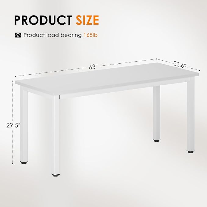 DlandHome 63 inches X-Large Computer Desk, Composite Wood Board School Desk, Decent and Steady Home Office Desk/Workstation/Table, BS1-160WW, White and White Legs, 1 Pack
