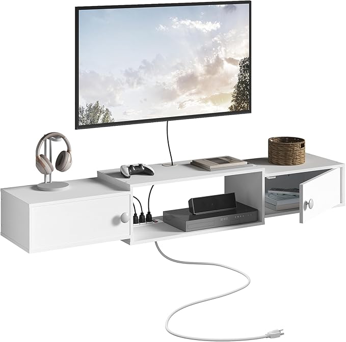 HOOBRO 55" Floating TV Stand with Power Outlet, Modern Wall Mounted Media Console Shelf Cabinet for Under TV Storage, Entertainment Center, Living Room, Bedroom, White WT11UDS01