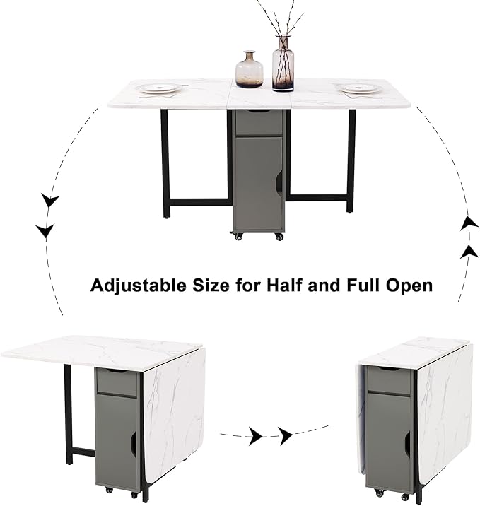 Foldable Space Saving Dining Table Extendable, Folding Dining Table with Storage and Wheels 2-Layers, Versatile Drop Leaf Table Modern for Living Room, Kitchen, RV Campers (Grey)