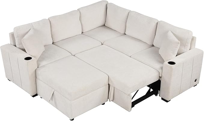 84.7" Symmetrical Convertible Sleeper Sectional Sofa Couch Bed for Living Room 4 Seater L Shaped Reversible Pull Out Sleeper Sofabed with Movable Ottoman ,2 Cup Holders ,USB Ports, Detachable Backrest