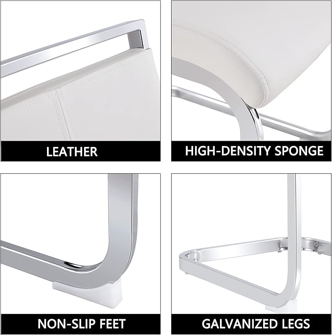 Dining Chairs Set, Kitchen Modern Metal Chairs with Faux Leather Padded Seat High Back and Sturdy Chrome Legs, Chairs for Dining Room (White, Set of 8)