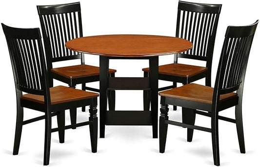 East West Furniture SUWE5-BCH-W 5 Piece Dining Set Includes a Round Dining Room Table with Dropleaf & Shelves and 4 Kitchen Chairs, 42x42 Inch, Black & Cherry