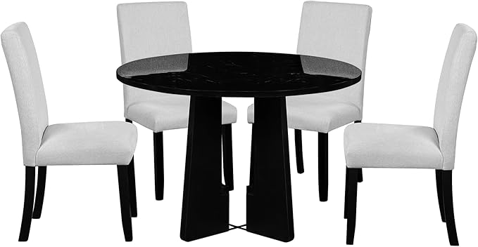 Merax 5-Piece Round Dining Table Set, Modern 4 Upholstered Chairs for Living,Kitchen Room, 43 Inch, Beige+Black
