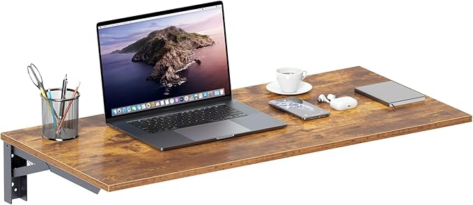 Need Wall Mounted Desk - Heavy Duty Folding Work Table Length 36" Width 20"/Small Space Hanging Desk Perfect Addition to Home/Office/Kitchen & Dining Room Rustic Brown AC15-9050FG-ND