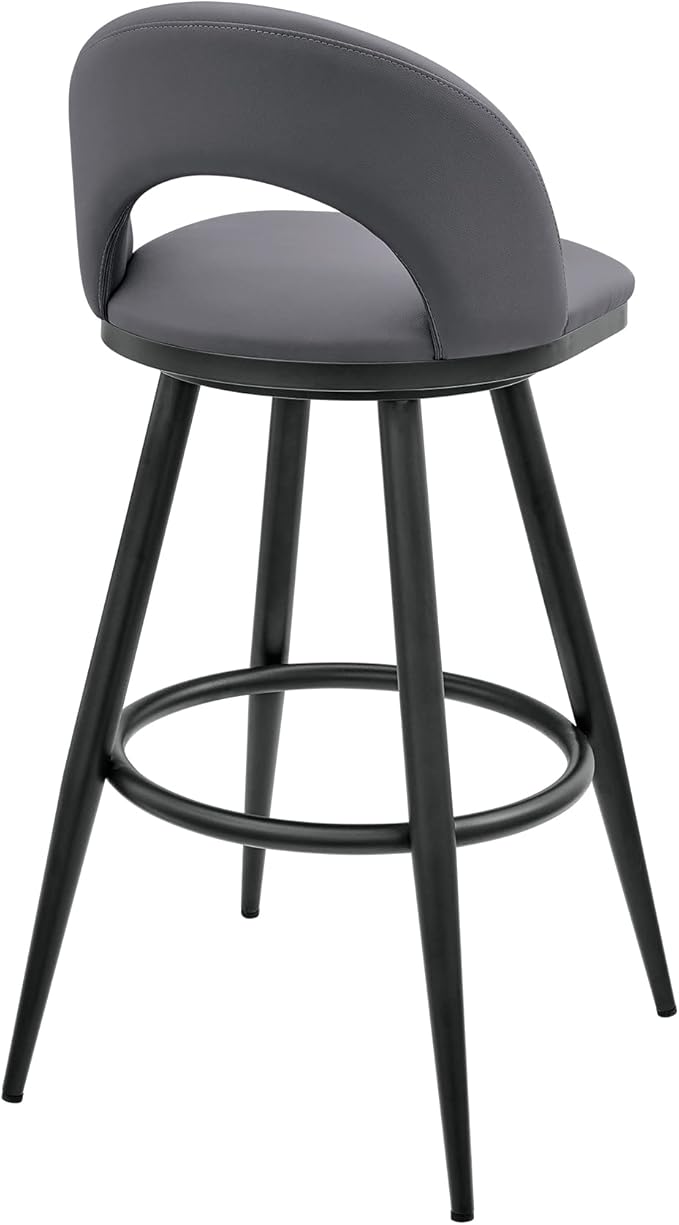 Armen Living Charlotte Swivel Bar Stool in Black Metal with Grey Faux Leather