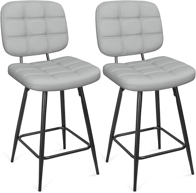 Bar Stools Set of 2, 24 Inch Upholstered Metal Barstool with Back and Footrest, Bar Chair with Metal Base for Dining Room Counter Island, Light Grey