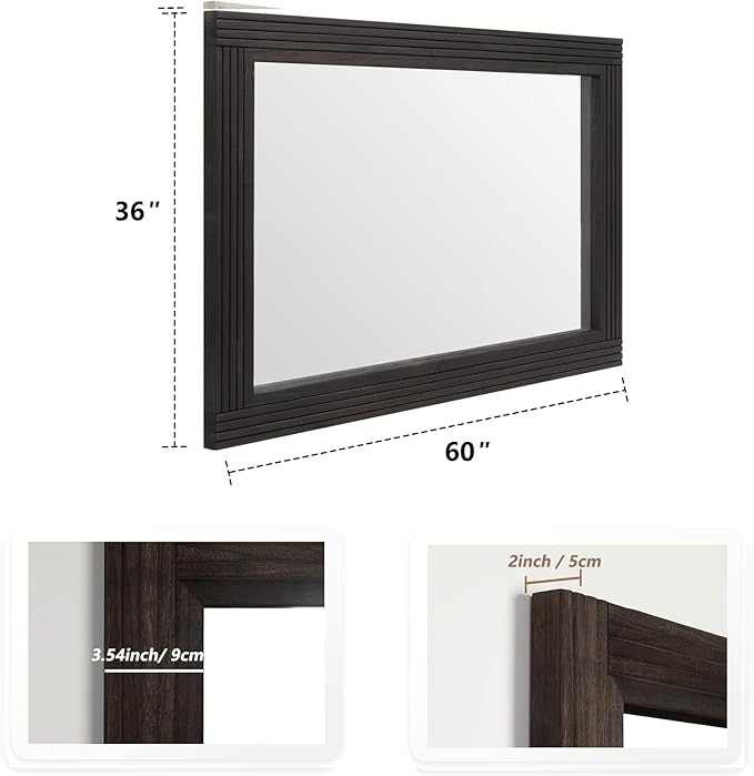 YOSHOOT Hand-Made Wooden Spliced Wall Mirror for Bathroom, Rustic Farmhouse Vanity Mirror, Décor Wall Art, Solid Wood Frame, Vertical or Horizontal Hanging, 60" x 36", Black