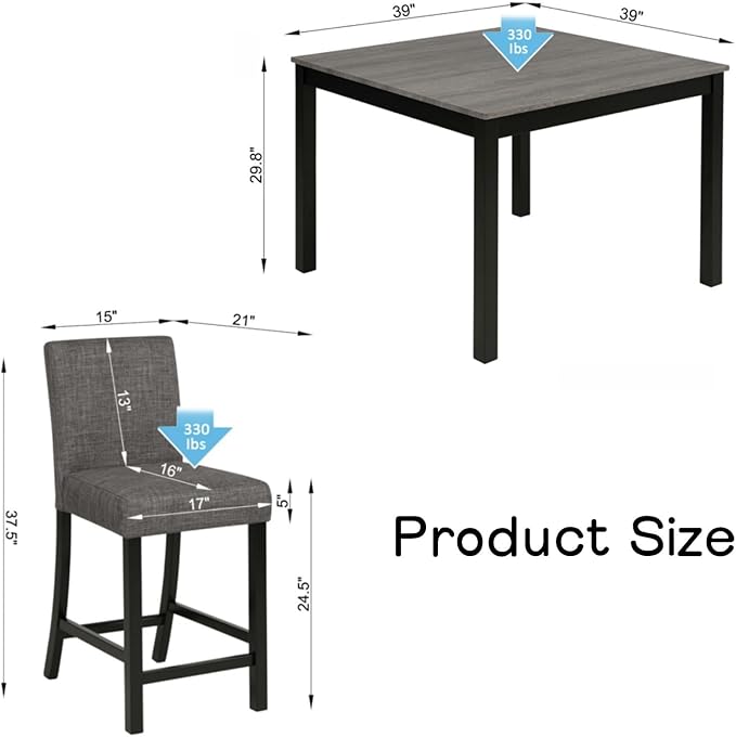 Dining Table Set for 4, 5-Piece Kitchen Table & Chairs Set with Square Wooden Table & 4 Upholstered Chairs, 29.8'' Dinner Set with Solid Wood Legs & Curved Backrest for Kitchen, Light Black