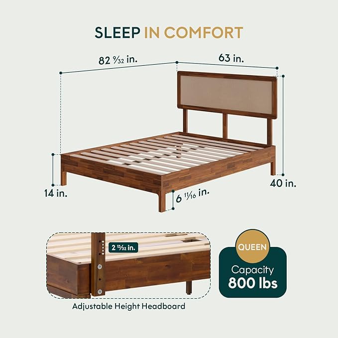 Nipe Platform Bed Frame with Headboard Size Queen - Dark Chocolate - Solid Acacia