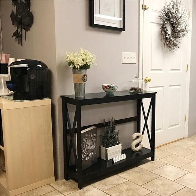 Yaheetech Console Table for Entryway, 2 Tier Entryway Table Bookshelf Accent Table w/Storage Shelf Living Room Entry Hall Foyer Table Furniture, Black,X-Design