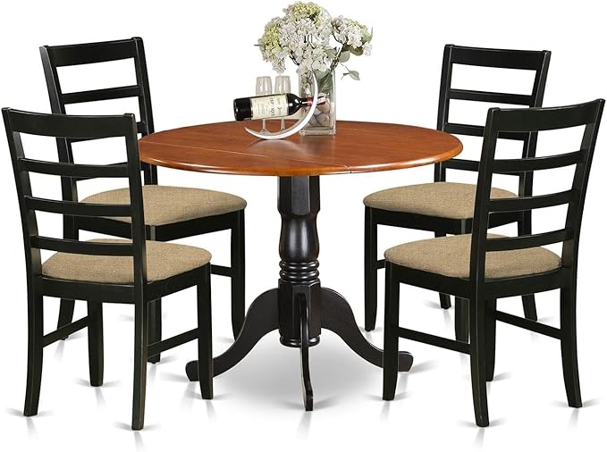 East West Furniture DLPF5-BCH-C 5 Piece Kitchen Table & Chairs Set Includes a Round Dining Room Table with Dropleaf and 4 Linen Fabric Upholstered Chairs, 42x42 Inch, Black & Cherry