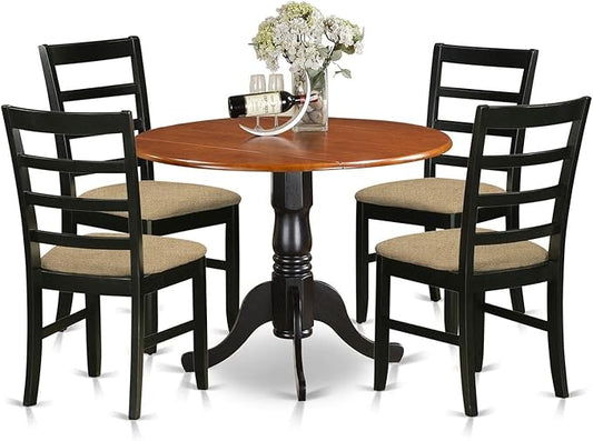 East West Furniture DLPF5-BCH-C 5 Piece Kitchen Table & Chairs Set Includes a Round Dining Room Table with Dropleaf and 4 Linen Fabric Upholstered Chairs, 42x42 Inch, Black & Cherry