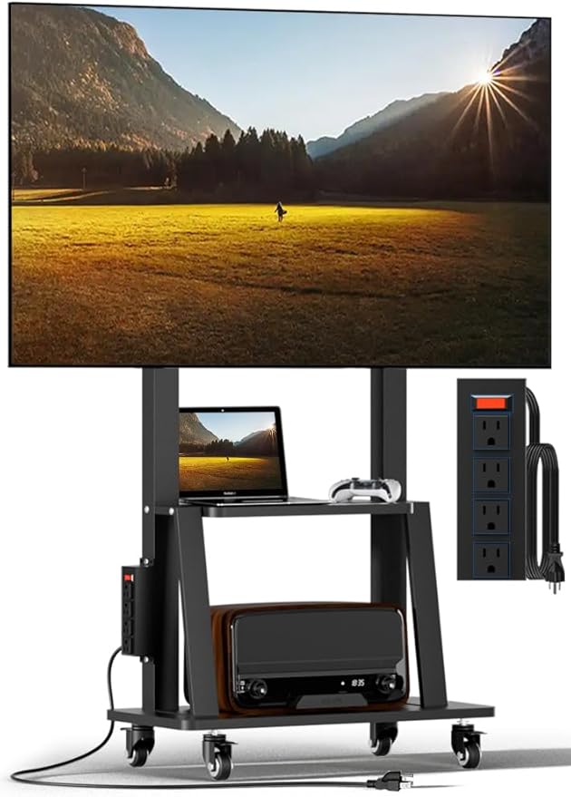 Rolling TV Stand with Power Outlet, Mobile TV Stand on Wheels for 32-75 inch TV, Height Adjustable Portable Black TV Cart, Holds up to 130LBS, Vesa 600×400mm