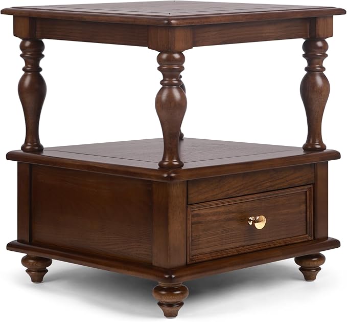 Traditional Square End Table with 1 Drawer and 2 Hidden Compartments for Living Room, 2-Tier Couch Side Table with Storage Shelves for Small Spaces, Solid Wood Nightstand for Bedroom, Walnut