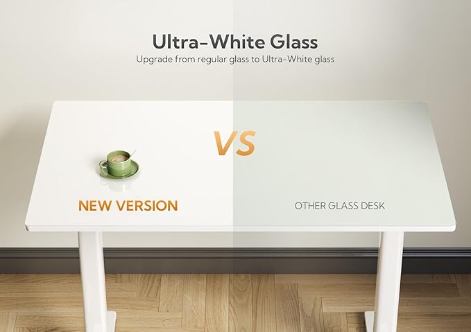 Claiks Small Glass Standing Desk, 35x20 Inch Electric Standing Desk Adjustable Height Quick Install for Computer Workstations, Super White