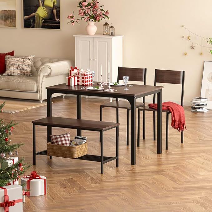 sogesfurniture Table Chairs Set of 4, Dining Table Set for 4 with Bench and Chairs, 4 Pieces Kitchen Table Set with Storage Rack & Metal Frame for Small Space,Elegant Brown