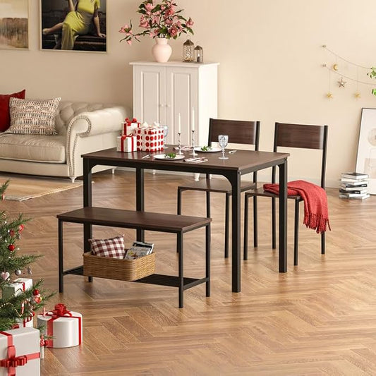 sogesfurniture Table Chairs Set of 4, Dining Table Set for 4 with Bench and Chairs, 4 Pieces Kitchen Table Set with Storage Rack & Metal Frame for Small Space,Elegant Brown
