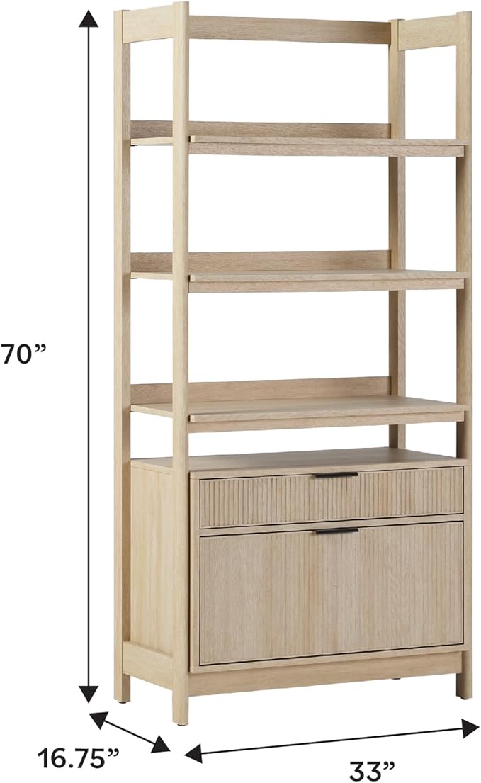 Walker Edison Transitional Open Reeded 4-Shelf Bookshelf with Drawers Versatile Bookcase with Bottom Storage for Home Office, Living Room, Bedroom, 33 Inch, Coastal Oak