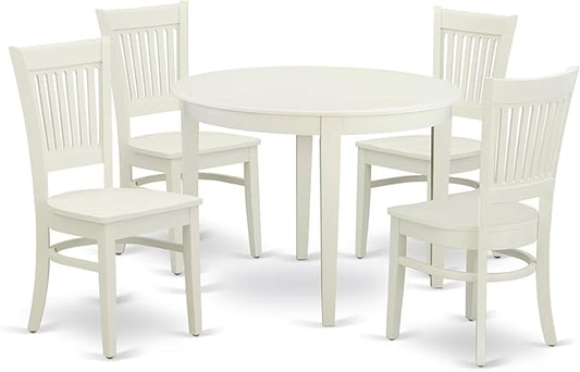 East West Furniture BOVA5-LWH-W 5 Piece Dining Room Furniture Set Includes a Round Kitchen Table and 4 Dining Chairs, 42x42 Inch, Linen White