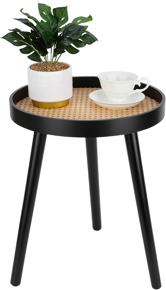 Rattan Round Side Table, Black Small Accent Table, Modern Boho Bedside Mid-Century Patio Side End Tables for Living Room Bedroom Office Balcony
