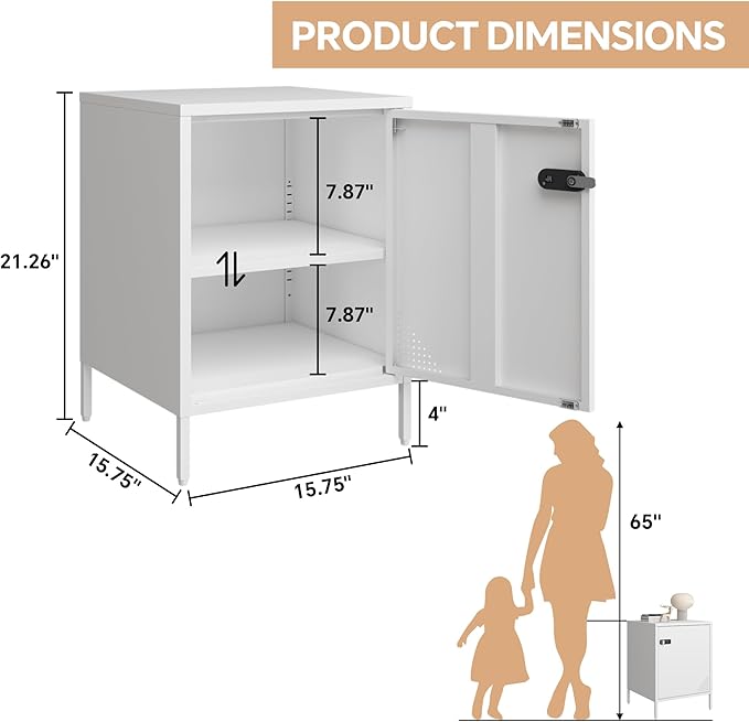 Metal Locker End Table Single Door Nightstand Lockable Bedside Table Storage Cabinet for Bedroom, Dorm, 21.26”H X 15.75”W X 15.75”D (1 Door, White)