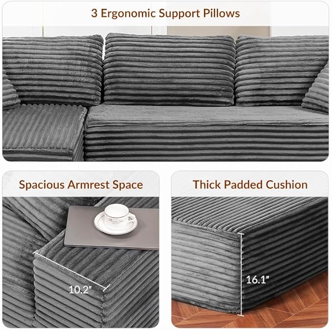 COMHOMA 105”Modular Sectional Sofa with Deep Seat,Cloud Upholstered L-Shape Couch Wide Arms Corduroy Fabric High-Density Foam Chaise Lounge for Living Room No Assembly Required