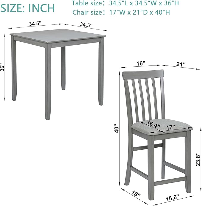 KEIKI 5-Piece Counter Height Dining Table Set with Square Table and 4 Upholstered Vertical Slatted Backrset Chair, for 4 Person, Modern Wooden Table Set, Easy Assembly, for Kitchen, Dining Room, Gray
