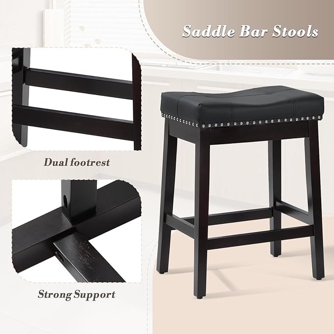 Athena Collection Bar Stools Set of 2, 25 Inches Counter Height Bar Stools Backless with Footrest, Leather Upholstered Saddle Barstools with Nailhead Trim for Home, Kitchen Island, Counter, Black