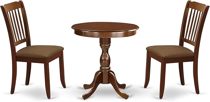 East West Furniture ESDA3-MAH-C 3 Piece Kitchen Table Set for Small Spaces Contains a Round Dining Table with Pedestal and 2 Linen Fabric Dining Room Chairs, 30x30 Inch, Mahogany