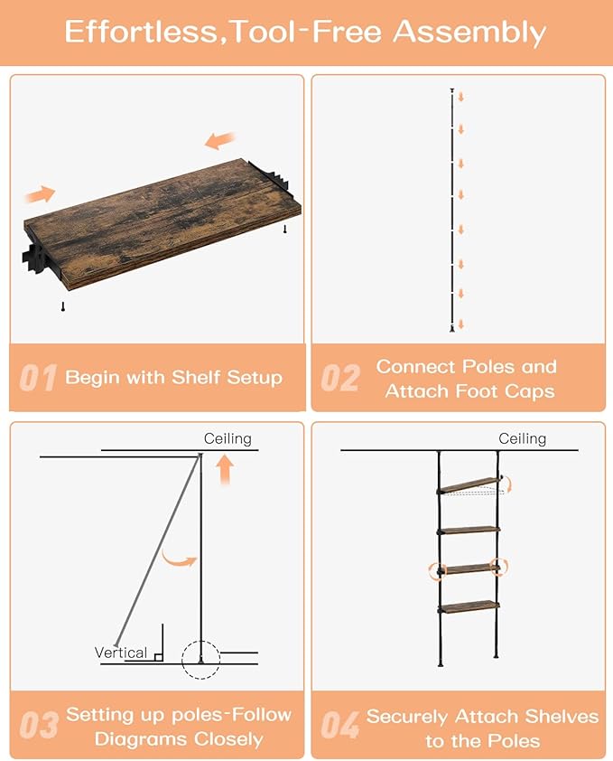 ALLZONE Adjustable Tall Narrow Bookshelf for Bedroom, 4-Tier Ladder Bookcase for Small Spaces, Tension Mount Tall Skinny Book Shelf with Open Storage, 64 to 113Inch Height