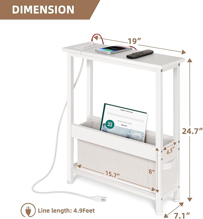Slim Charging End Table with Storage - for Small Spaces and Bedroom (White)