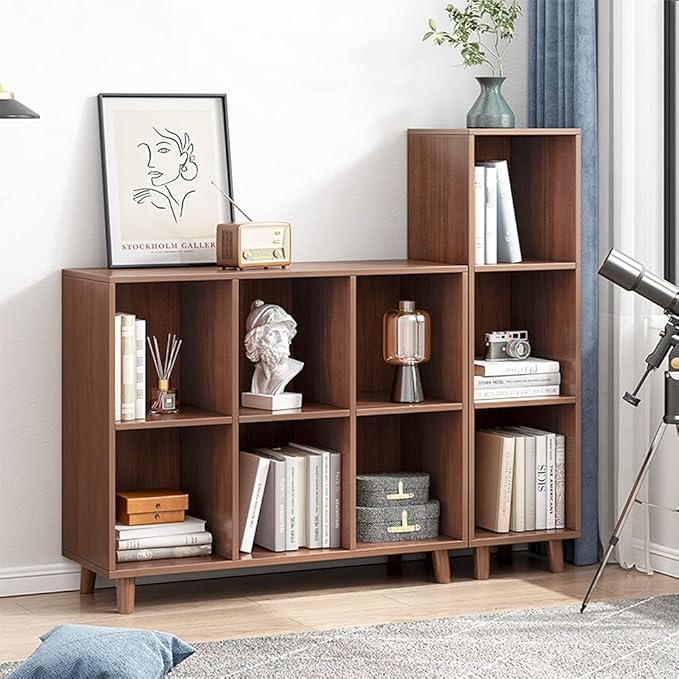 IOTXY Freestanding Open Cubes Bookcase - 2-Tier Floor Standing Wooden Storage Display Cabinet Organizer with Legs for Home Office, 6-Cubes Open Shelf Low Short Bookshelf, Walnut