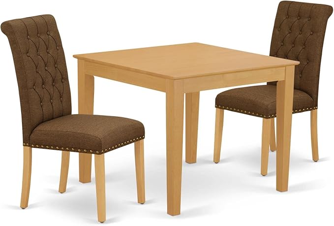 East West Furniture OXBR3-OAK-18 3 Piece Dinette Set for Small Spaces Contains a Square Dining Room Table and 2 Brown Linen Linen Fabric Upholstered Chairs, 36x36 Inch, Oak